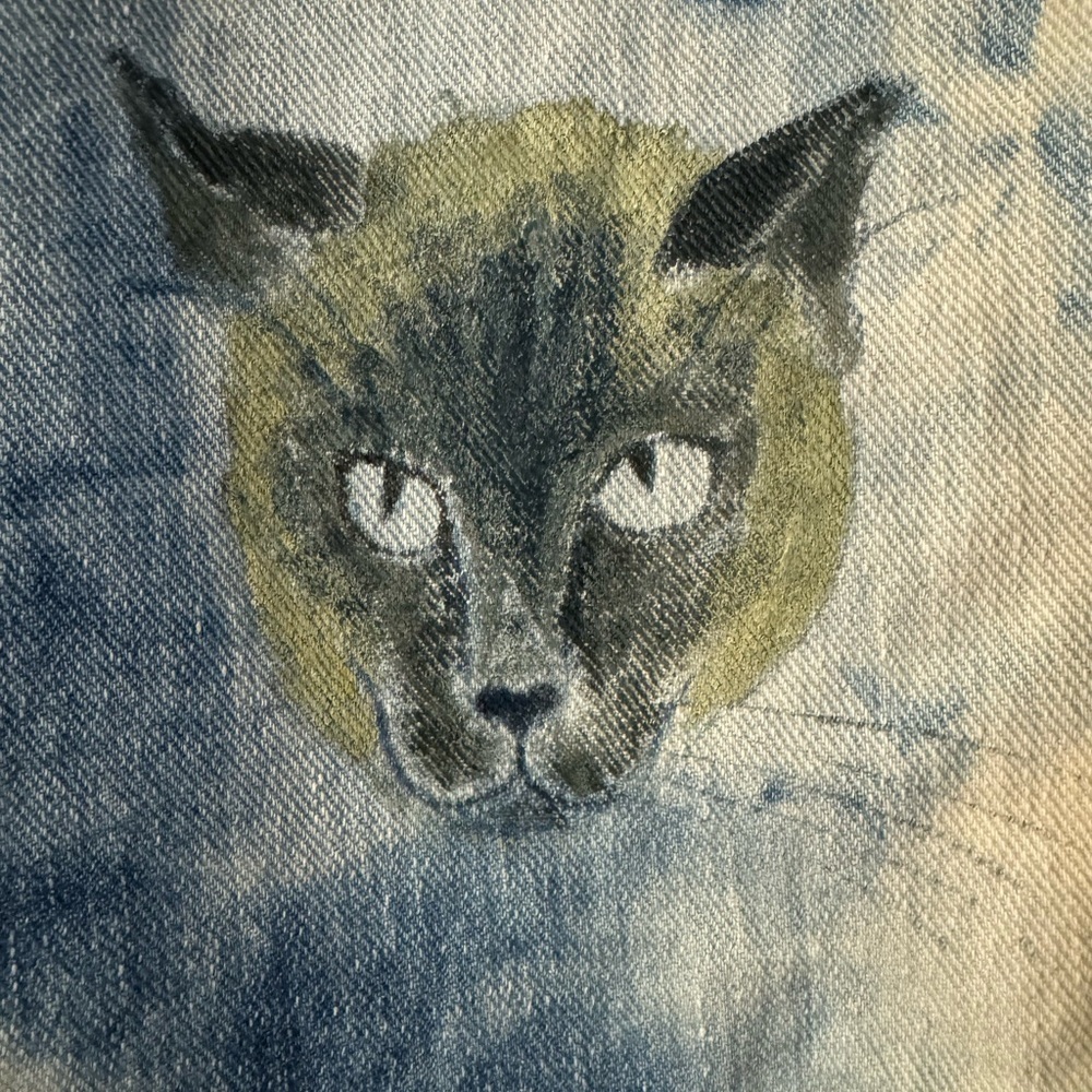 VTG 50s WRANGLER BLUE BELL DENIM SANFORIZED JACKET 34 Tie Dyed Hand Painted Cat - Picture 3 of 15